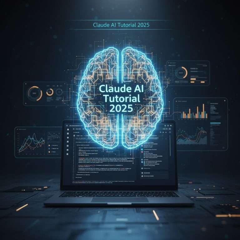 Futuristic AI workspace showing Claude AI Tutorial 2025 concept with holographic brain and modern laptop screen.
