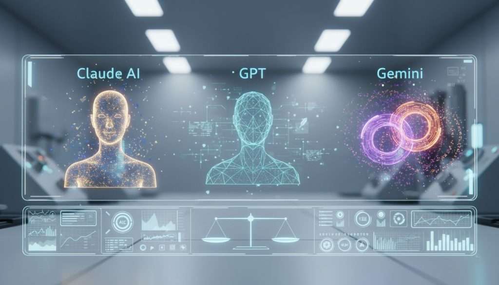 Artistic comparison of Claude AI, GPT, and Gemini shown as futuristic AI models with a digital analytics interface.