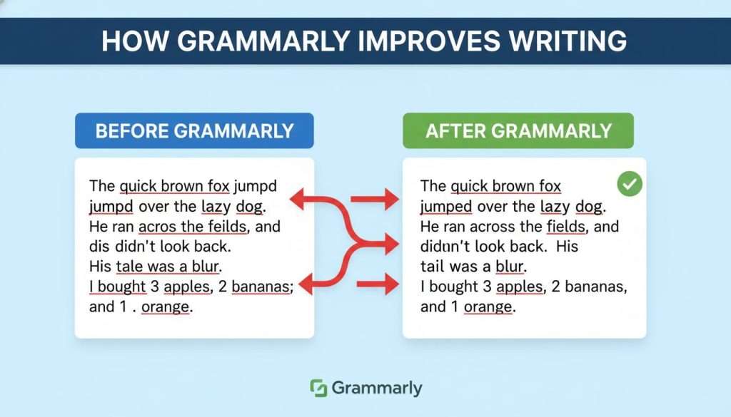 Before and after comparison showing how Grammarly improves writing with corrections.