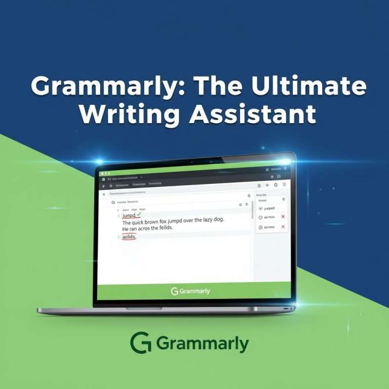 Thumbnail showcasing Grammarly logo with a computer screen displaying text correction.