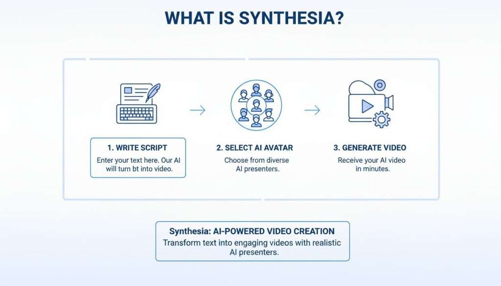 How Synthesia works - AI video generation process from text script to professional video with synthetic avatars