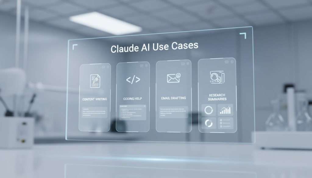 Step-by-step visual showing user operating Claude AI interface for writing and coding tasks.