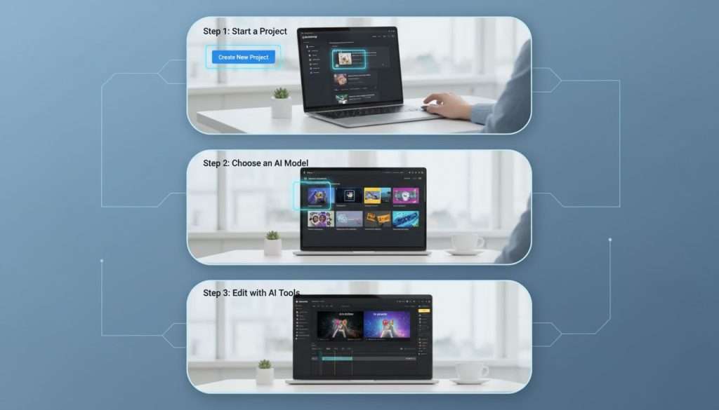 Step-by-step guide on using Runway ML, showing a user interacting with the platform's interface for project creation and video editing.
