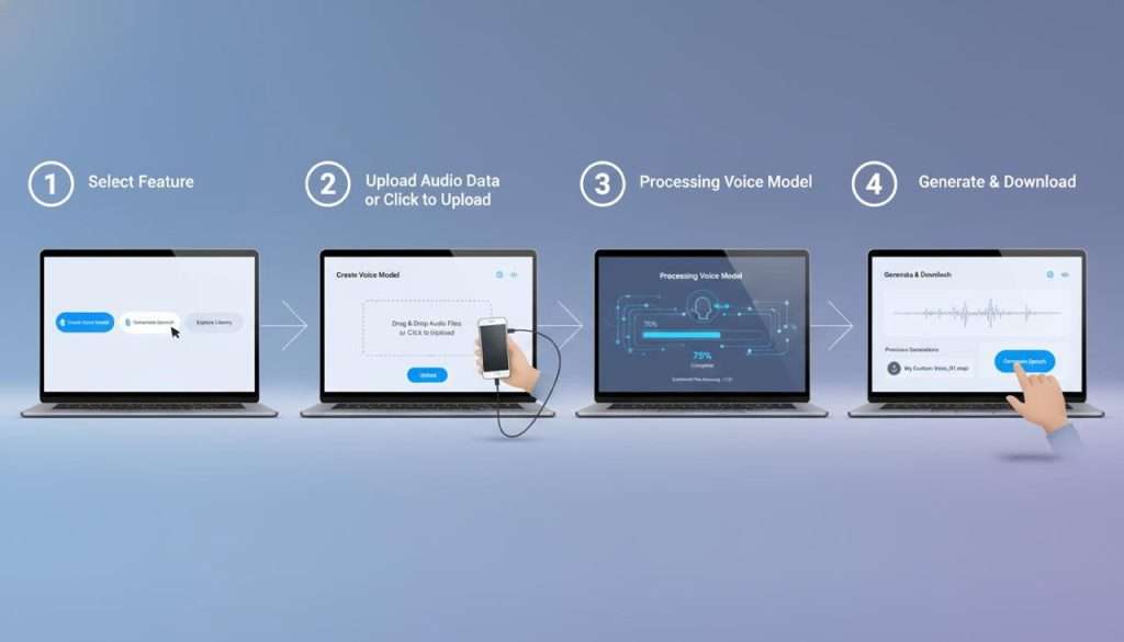 Step-by-step guide to using Suno AI, showing the user interface with options for voice model creation and speech generation.