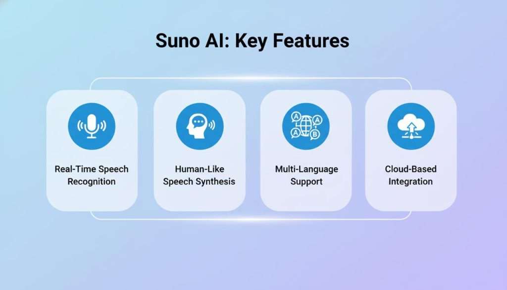 Infographic highlighting Suno AI's key features, such as real-time speech recognition and multi-language support.