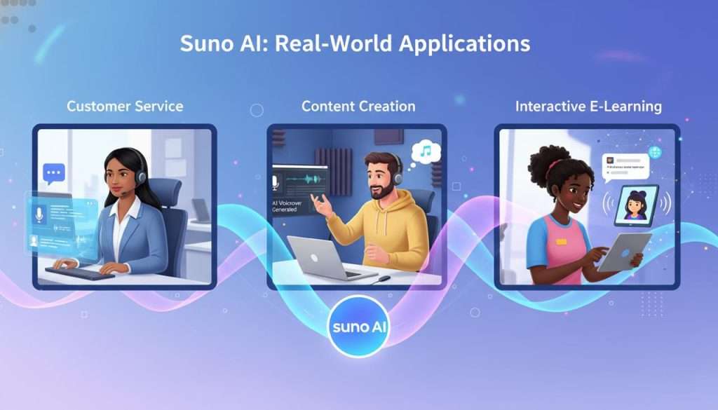 Real-world applications of Suno AI across industries, including customer support, content creation, and education.