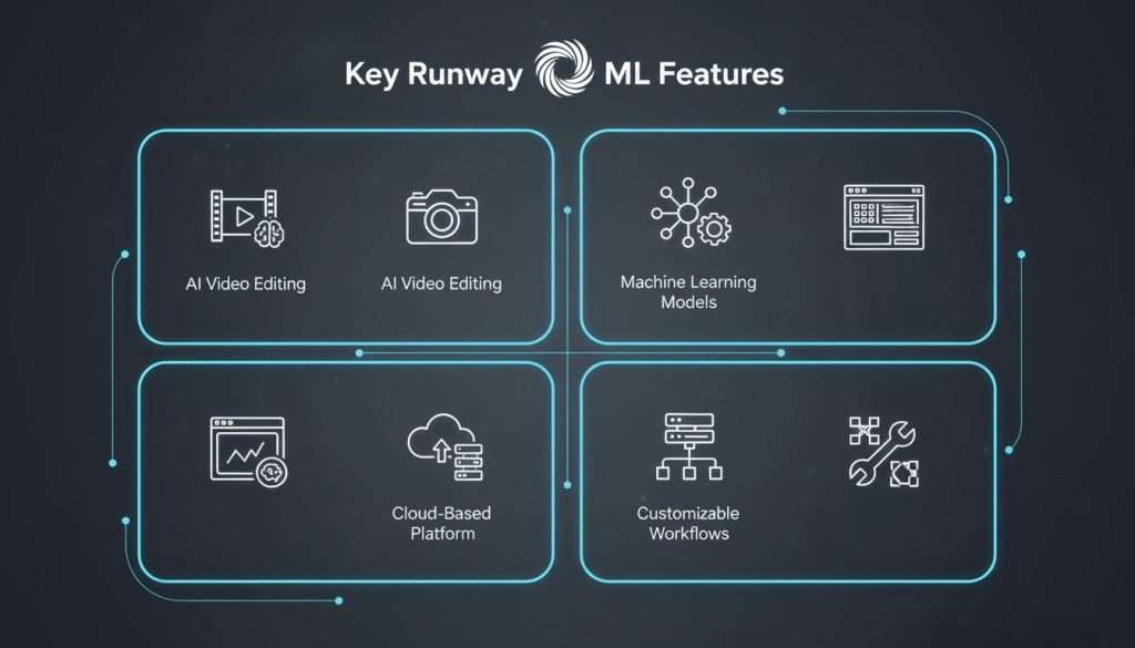 Infographic of key features of Runway ML, highlighting AI video editing, machine learning models, and cloud-based tools.