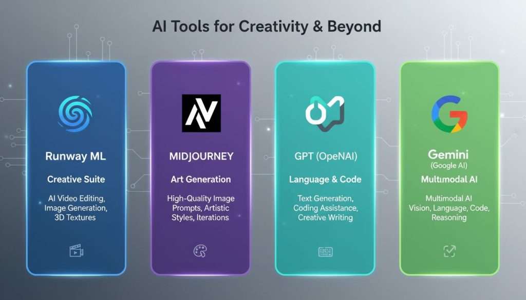 Comparison of Runway ML with other AI tools like Midjourney and GPT, showcasing their strengths in creative industries.