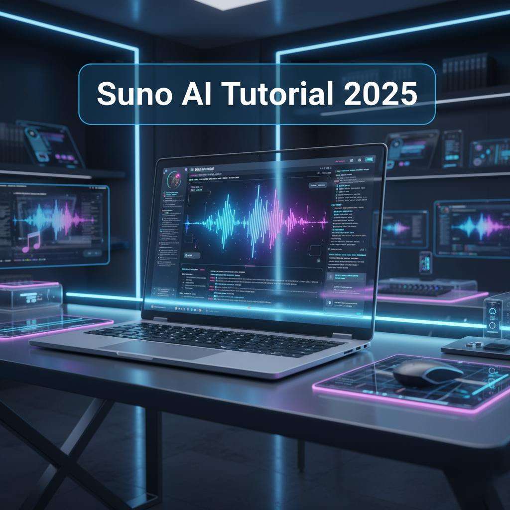 Thumbnail showing Suno AI in action with a glowing voice assistant interface, perfect for the 2025 tutorial.