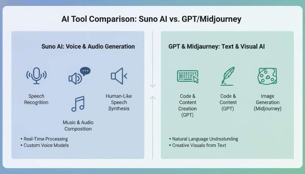 Comparison of Suno AI with other AI tools, showcasing its unique capabilities in voice synthesis and recognition.