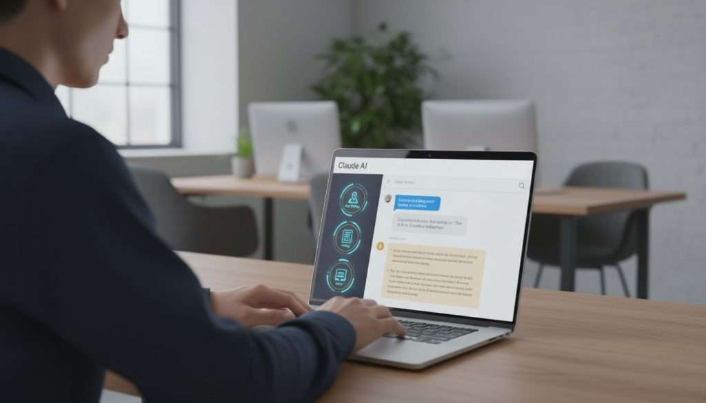 User writing content using Claude AI on laptop