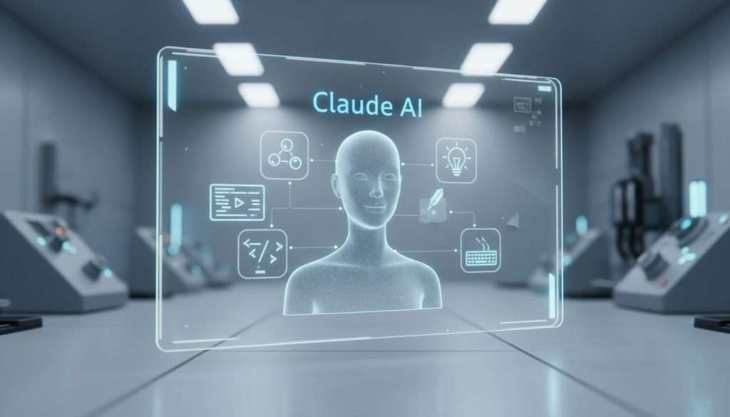 Illustration of Claude AI digital assistant with icons representing writing, coding, and creativity tools.