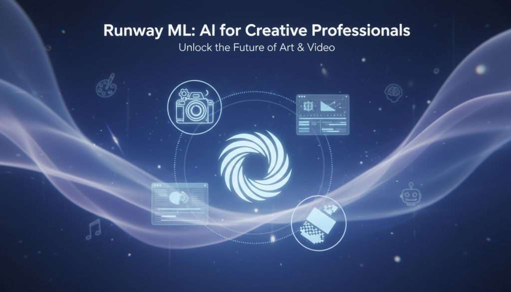 Visual representation of Runway ML as an AI tool, surrounded by icons representing creative projects like art and video editing.