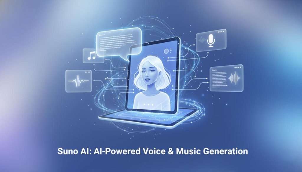 Visual representation of Suno AI as a voice interaction tool, featuring speech bubbles and neural network patterns.