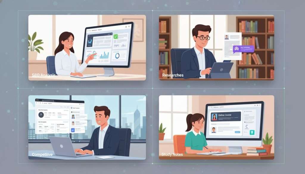 Professionals using AI browser for research, marketing, and business intelligence