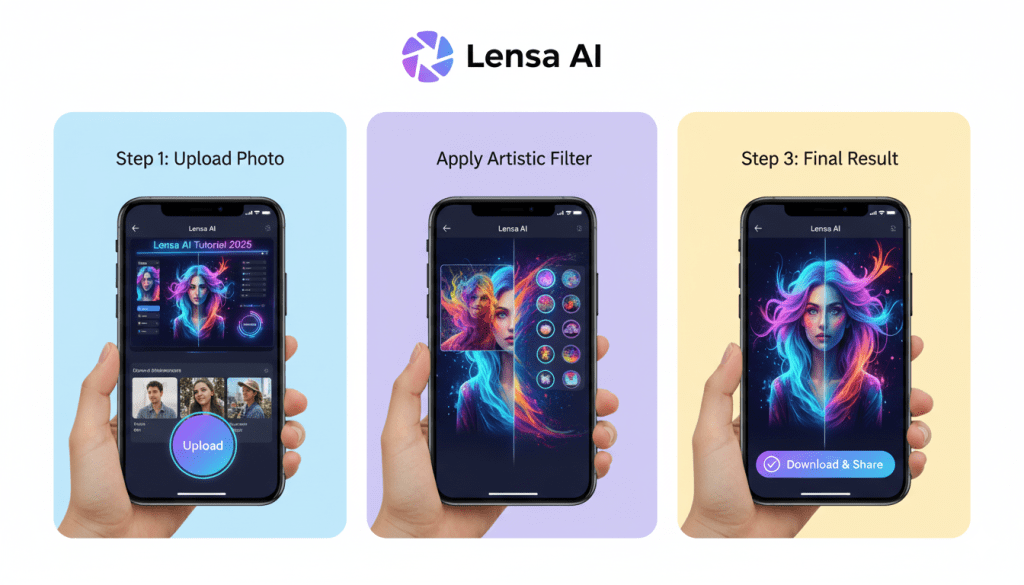 Step-by-step Lensa AI tutorial showing how to upload photos, apply AI-powered artistic filters, and save enhanced images on mobile device
