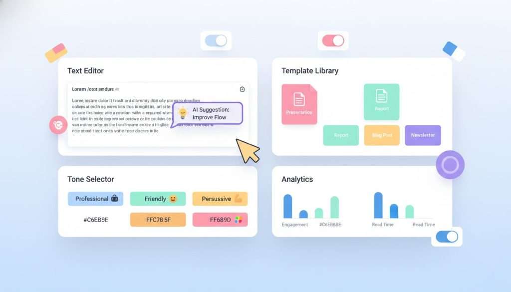Infographic showing Tome AI's key features such as content generation, writing suggestions, and customizable tone.