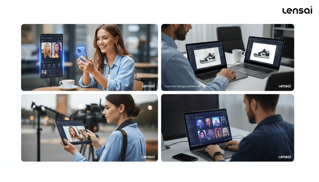 Real-world Lensa AI applications showing social media influencers, e-commerce marketers, and photographers using AI photo editing for portraits and product images