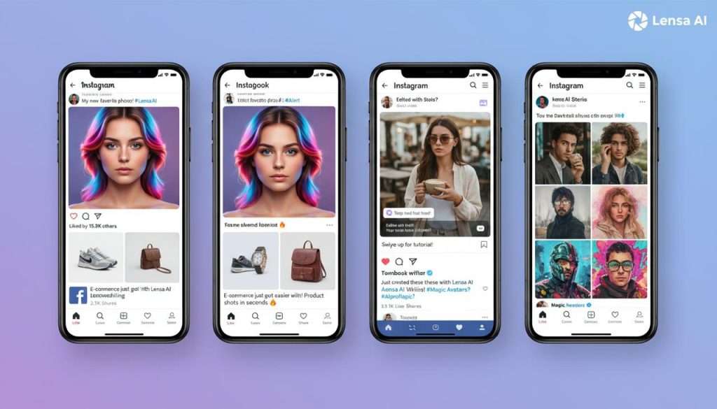 Lensa AI for social media content creation showing enhanced photos on Instagram, Facebook, and Twitter with professional editing results