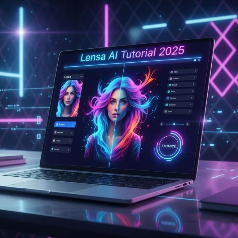 Lensa AI Tutorial 2025 thumbnail showing AI-powered photo editing interface with glowing artistic filters enhancing portrait on laptop screen
