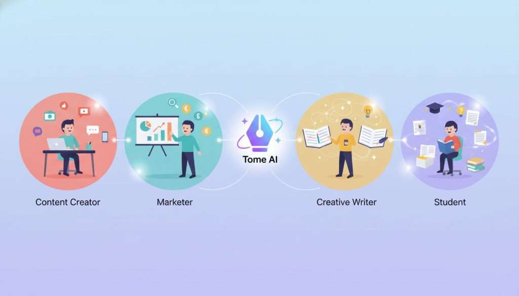 Real-world applications of Tome AI in writing, marketing, and education, with professionals using the tool in diverse settings.