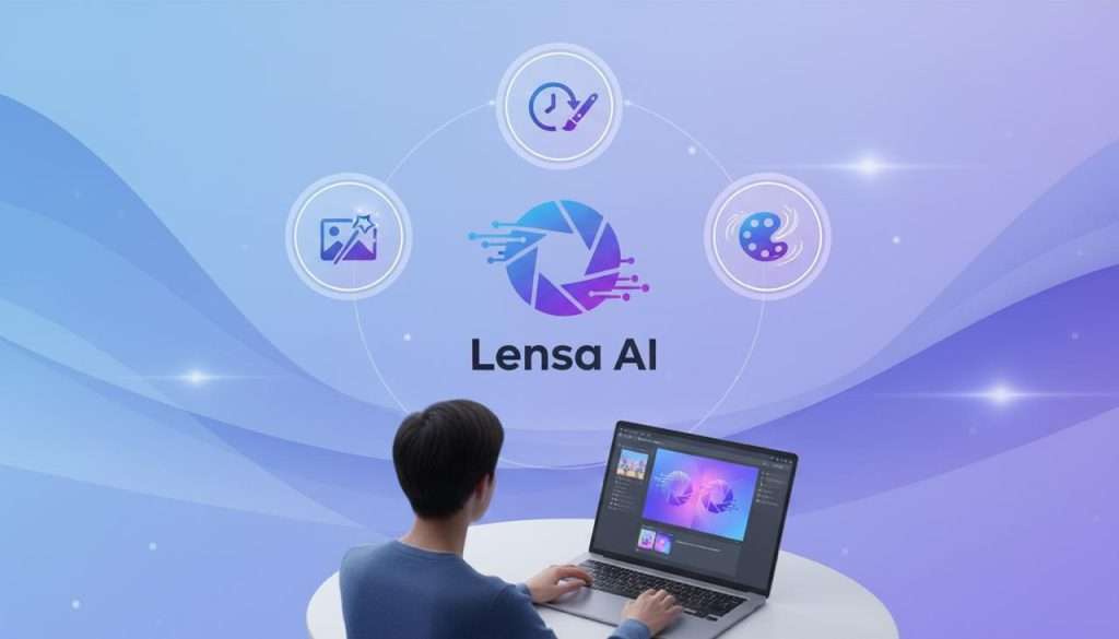 What is Lensa AI - overview showing logo and key features including AI-powered photo enhancement, real-time edits, and artistic filters with user on mobile device
